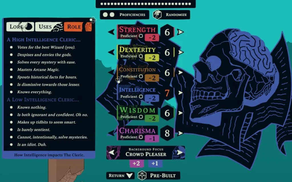 A screenshot from Esoteric Ebb showing the character build proficiency screen and a detailed breakdown of a high intelligence cleric versus a low intelligence cleric. 