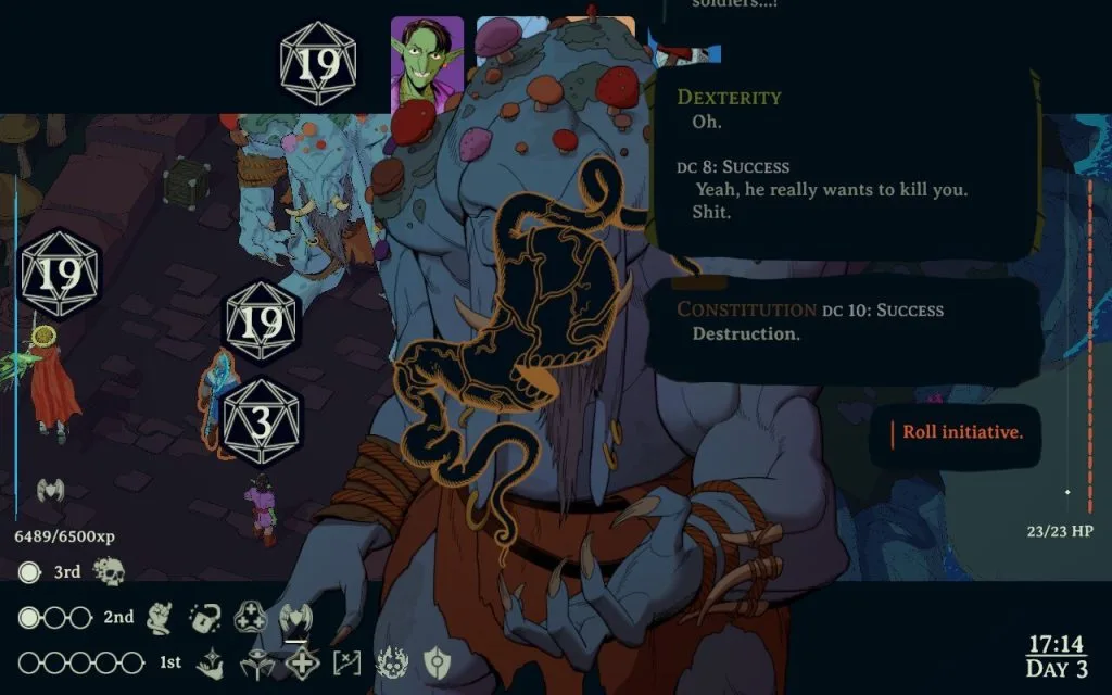 A screenshot from Esoteric Ebb showing a combat roll for initiative in with several dice appearing on the screen fighting a troll. 