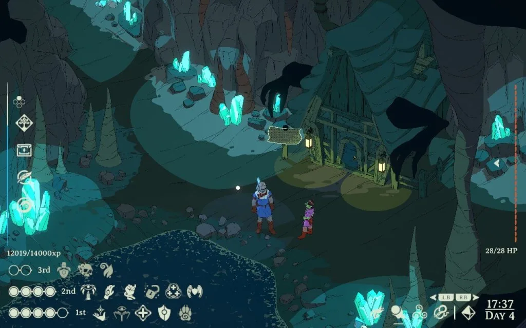 A screenshot from Esoteric Ebb showing a man in a blue tunic and a helmet with a green goblin standing in a dark dungeon near a house that has arms. 