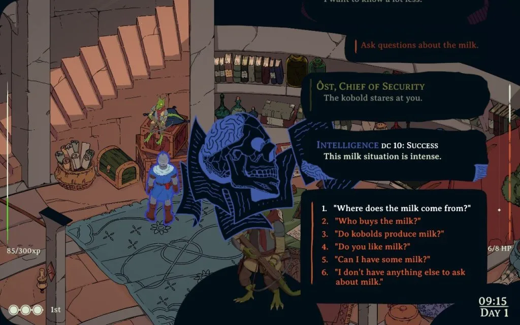 A screenshot from Esoteric Ebb showing a man in a blue tunic and a helmet talking to a reptile with several questions about "a milk situation" for the milk side quest. 