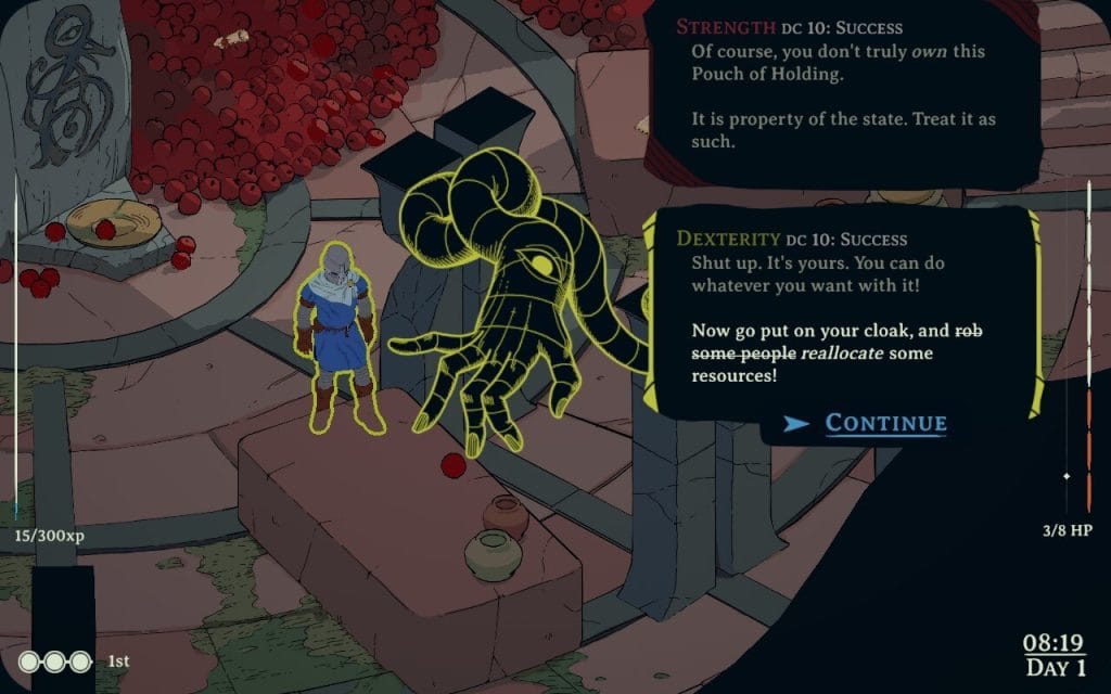 A screenshot of Esoteric Ebb showing the cleric, a man in a helmet and a blue tonic, look at his pouch of holding and reflect with Wisdom, a yellow-covered arm, about this choice.