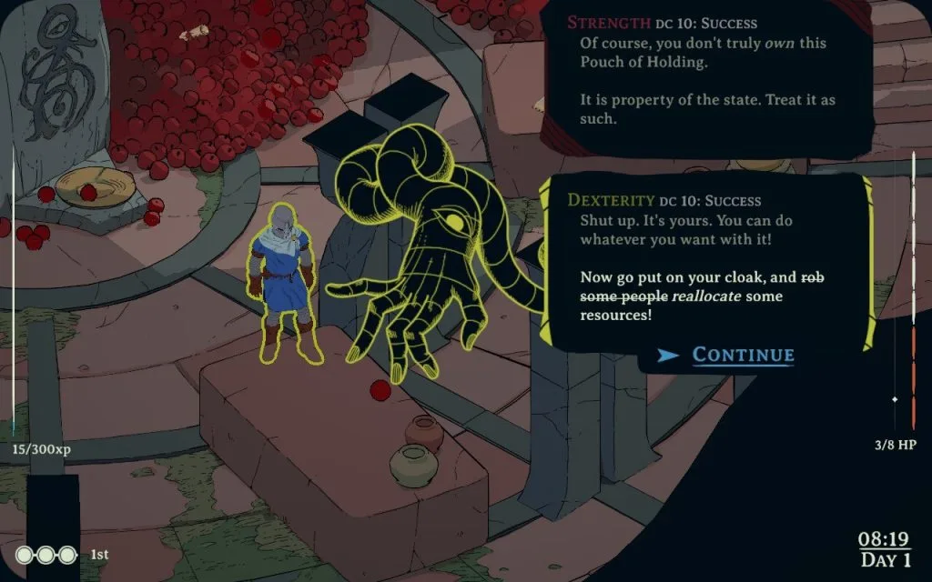 A screenshot of Esoteric Ebb showing the cleric, a man in a helmet and a blue tonic, look at his pouch of holding and reflect with Wisdom, a yellow-covered arm, about this choice.