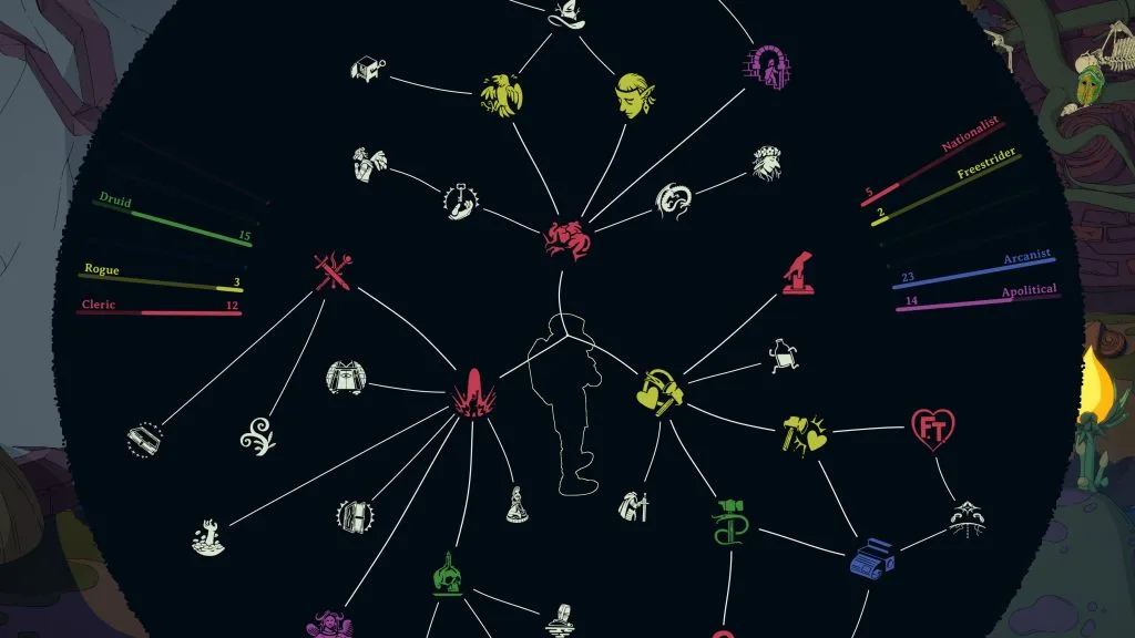 A screenshot from Esoteric Ebb's press kit showing the quest journal as a map with a black circle background and a bunch of colorful icons. 