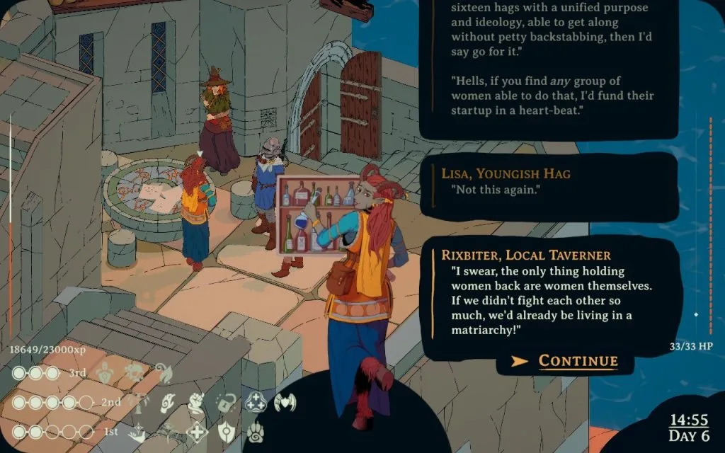 A screenshot from Esoteric Ebb showing Rixbiter, local taverner, saying, "I swear, the only thing holding women back are themselves. If we didn't fight each other so much, we'd already be living in a matriarchy!" 