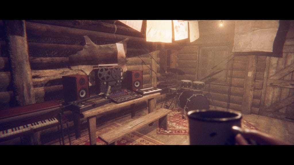 A screenshot from psychological horror game Project Songbird showing a hand holding a coffee cup while looking at a makeshift recording studio in a log cabin. 