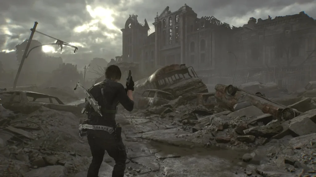 Resident Evil Requiem - Leon Kennedy walking through a destroyed Raccoon City