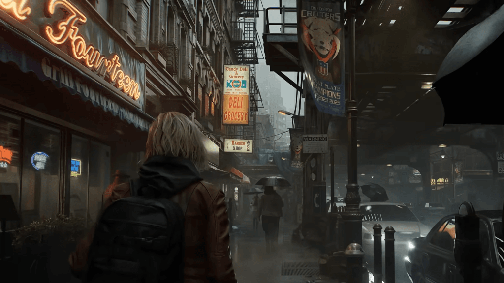 Resident Evil Requiem - Grace Ashcroft walking down the rainy streets of Wrenwood