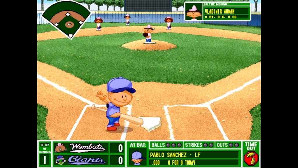 Pablo Sanchez taking the plate in Backyard Baseball '97