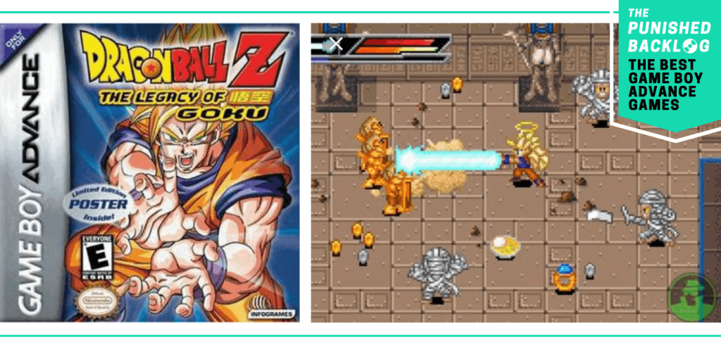 A teal banner in the corner shows the logo for The Punished Backlog and a subtitle that reads "The Best Game Boy Advance Games." The image shows the cover for Dragon Ball Z: The Legacy of Goku and a screenshot of gameplay.