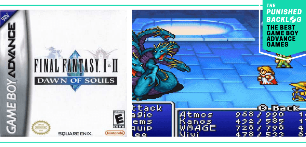 A teal banner in the corner shows the logo for The Punished Backlog and a subtitle that reads "The Best Game Boy Advance Games." The image shows the cover for Final Fantasy I & II: Dawn of Souls and a screenshot of gameplay.