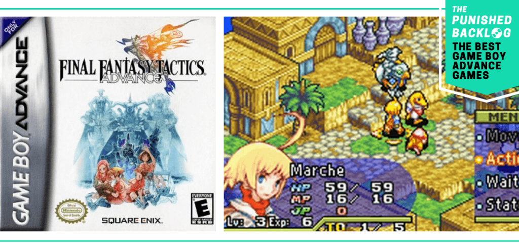 A teal banner in the corner shows the logo for The Punished Backlog and a subtitle that reads "The Best Game Boy Advance Games." The image shows the cover for Final Fantasy Tactics Advance and a screenshot of gameplay.