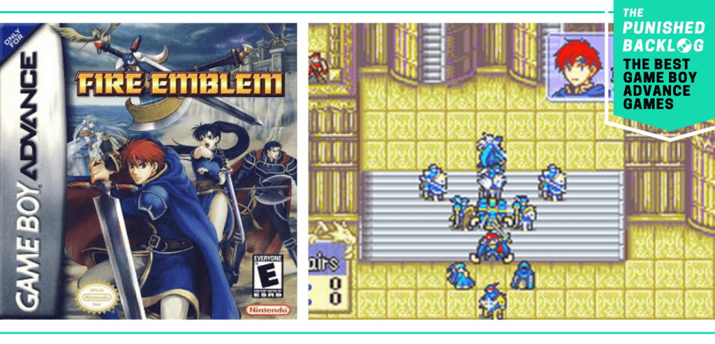 A teal banner in the corner shows the logo for The Punished Backlog and a subtitle that reads "The Best Game Boy Advance Games." The image shows the cover for Fire Emblem and a screenshot of gameplay.