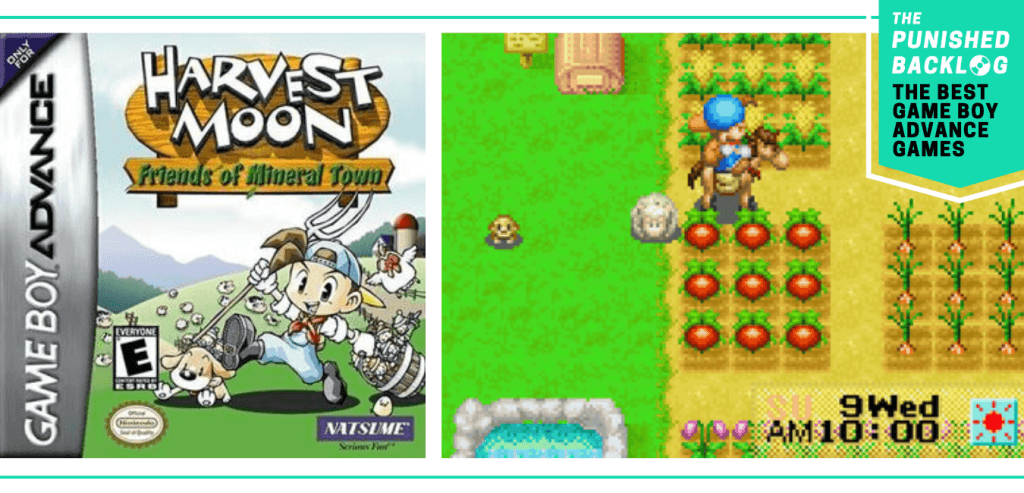 A teal banner in the corner shows the logo for The Punished Backlog and a subtitle that reads "The Best Game Boy Advance Games." The image shows the cover for Harvest Moon: Friends of Mineral Town and a screenshot of gameplay.