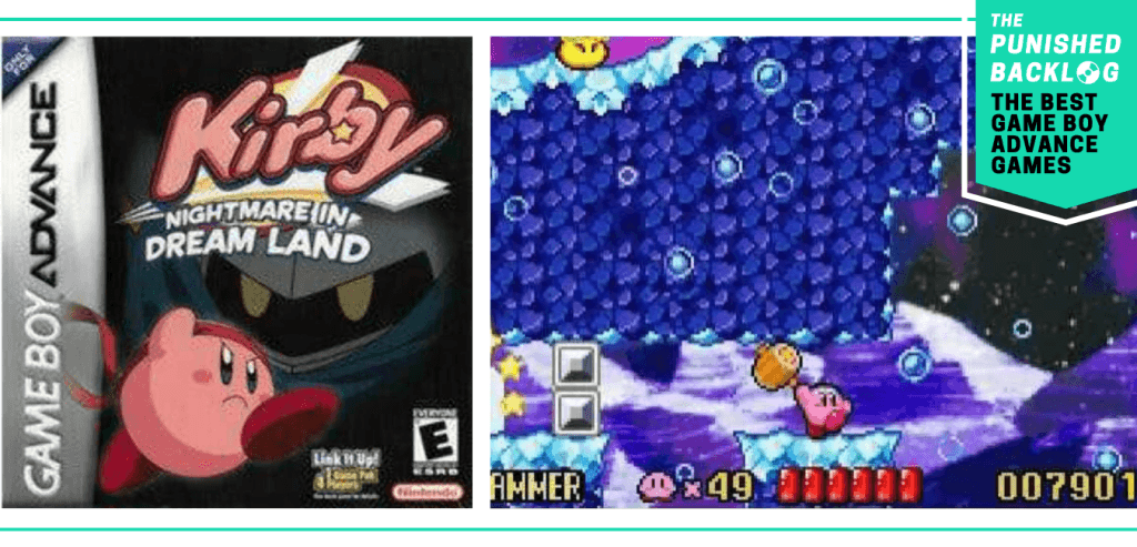 A teal banner in the corner shows the logo for The Punished Backlog and a subtitle that reads "The Best Game Boy Advance Games." The image shows the cover for Kirby: Nightmare in Dream Land and a screenshot of gameplay.