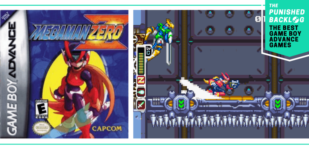 A teal banner in the corner shows the logo for The Punished Backlog and a subtitle that reads "The Best Game Boy Advance Games." The image shows the cover for Mega Man Zero and a screenshot of gameplay.