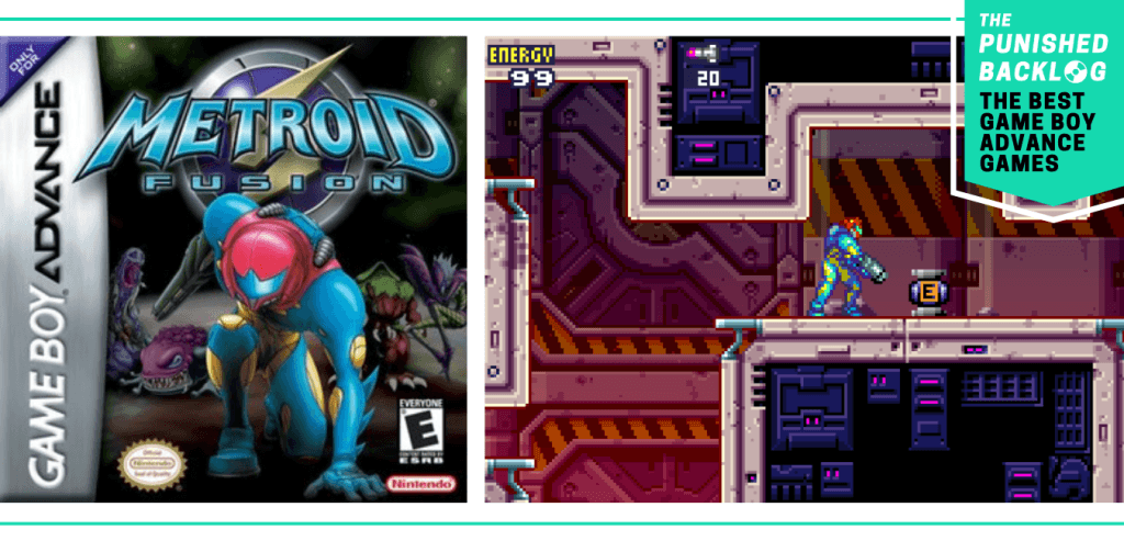 A teal banner in the corner shows the logo for The Punished Backlog and a subtitle that reads "The Best Game Boy Advance Games." The image shows the cover for Metroid Fusion and a screenshot of gameplay.