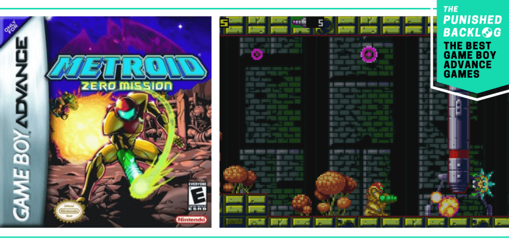 A teal banner in the corner shows the logo for The Punished Backlog and a subtitle that reads "The Best Game Boy Advance Games." The image shows the cover for Metroid Zero Mission and a screenshot of gameplay.