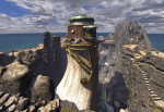 A screenshot from Myst III: Exile, showing a strange tower in the middle of an island.