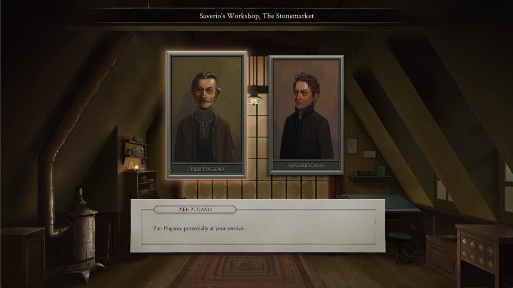 Screenshot of portraits of two men, Pier Pugano and Saverio Daas, conversing in the Opus Magnum: De Re Metallica DLC