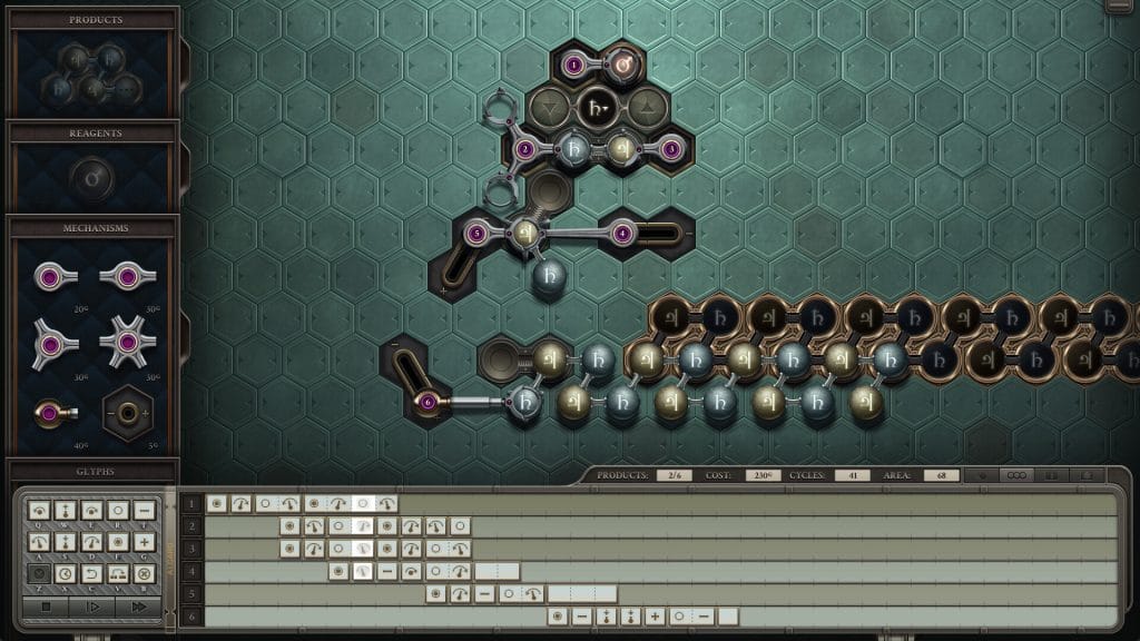 Screenshot of a teal backdrop with silver-and-white orbs in the Opus Magnum: De Re Metallica DLC