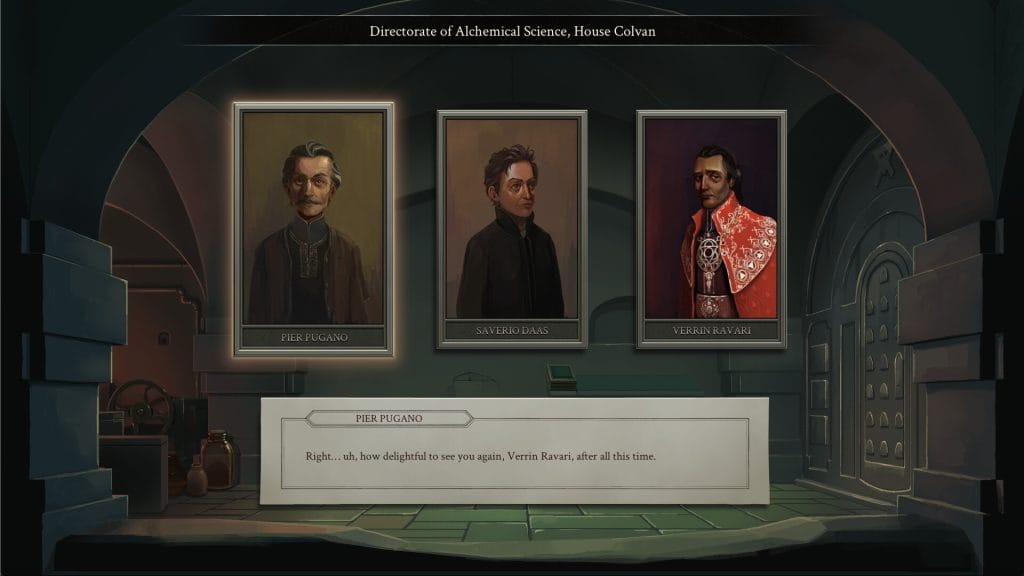 Screenshot of portraits of three men, Pier Pugano, Saverio Daas, and Verin Ravari, conversing in the Opus Magnum: De Re Metallica DLC