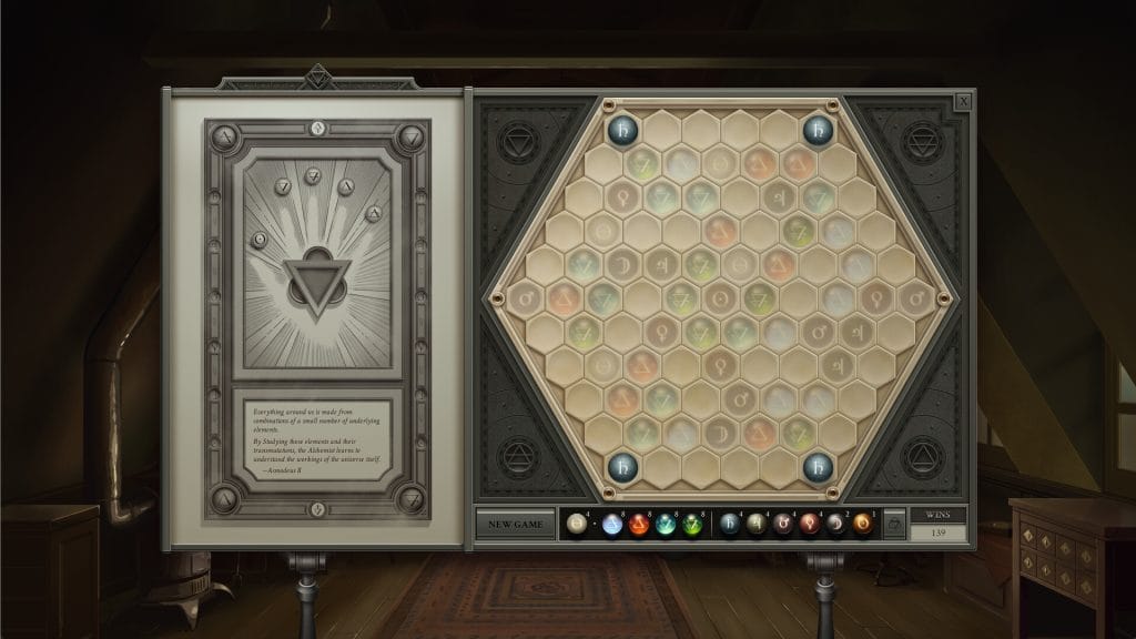 Screenshot of a hexagonal board containing many colorful spheres in the Opus Magnum: De Re Metallica DLC