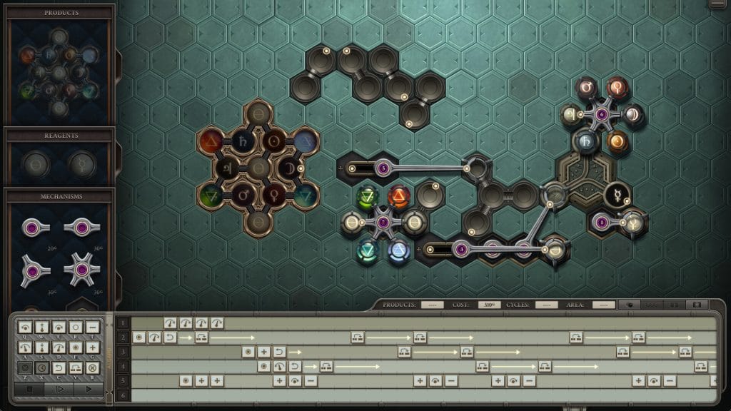 Screenshot of a teal backdrop with many colorful orbs and symbols in the Opus Magnum: De Re Metallica DLC