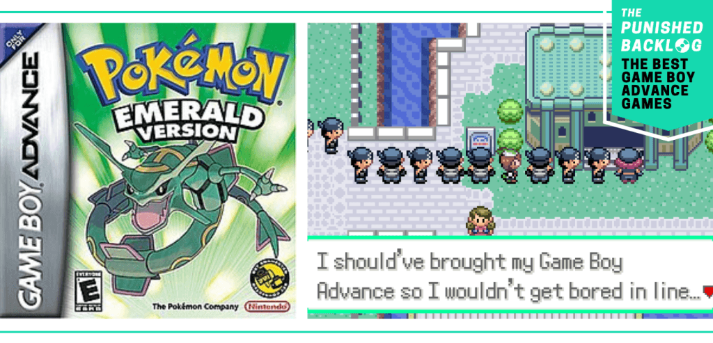A teal banner in the corner shows the logo for The Punished Backlog and a subtitle that reads "The Best Game Boy Advance Games." The image shows the cover for Pokemon Emerald and a screenshot of gameplay.