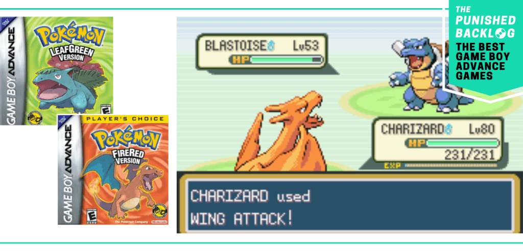 A teal banner in the corner shows the logo for The Punished Backlog and a subtitle that reads "The Best Game Boy Advance Games." The image shows the cover for Pokemon LeafGreen and FireRed and a screenshot of gameplay.