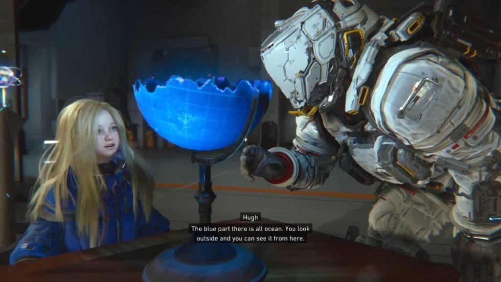 Pragmata - Hugh pointing at a holographic globe and saying to Diana, "The blue part there is all ocean. You look outside and you can see it from here."