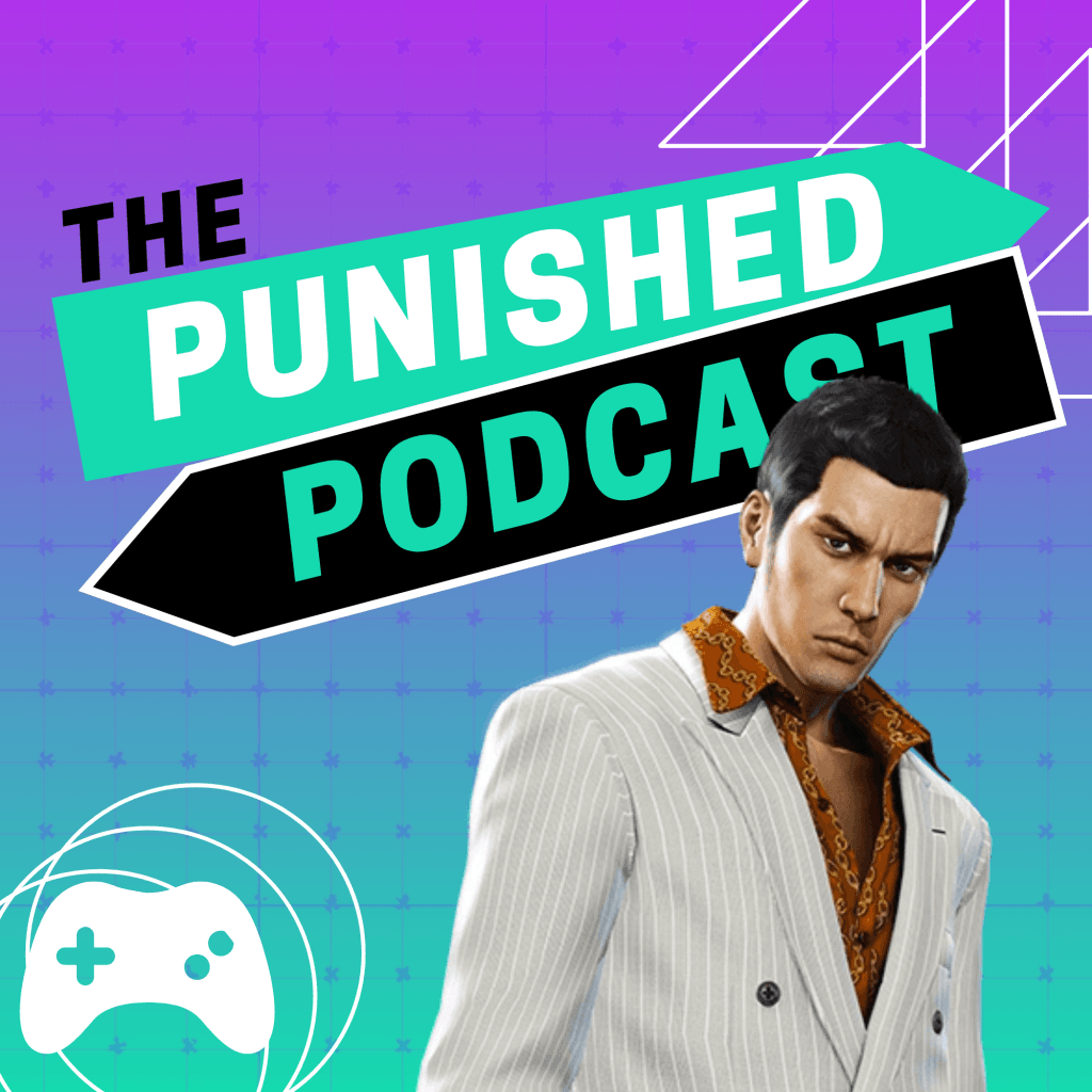 A cover image for a video game podcast episode about the backlog with a teal and purple background featuring Kiryu from Yakuza 0 standing in front of the Punished Podcast logo and an icon of a video game controller. 
