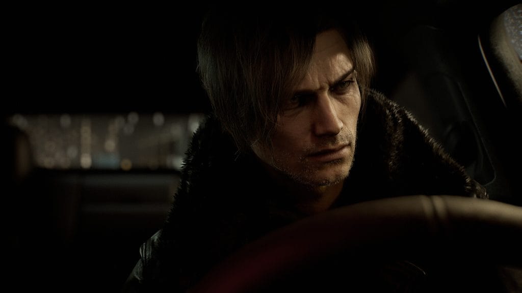 Resident Evil Requiem - a stubbly Leon driving a car