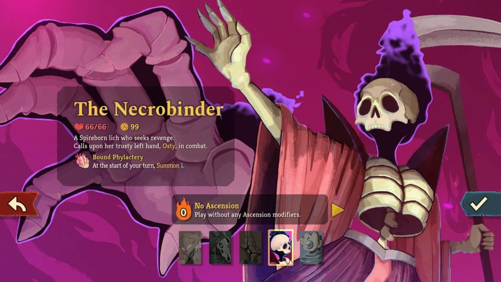 A screenshot from Slay the Spire 2 Early Access showing the profile for the Necrobinder, a wizard skeleton.