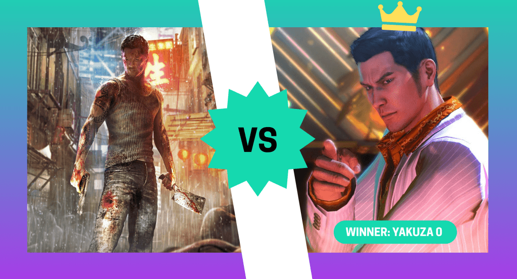 Screenshot comparison showing Kiryu being crowned the victor in this Sleeping Dogs vs. Yakuza 0 matchup