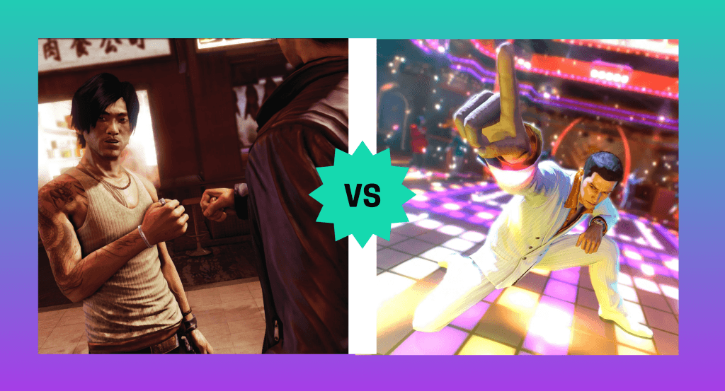 Screenshot comparison between Wei fist-bumping his friend Jackie in Sleeping Dogs: Definitive Edition and Kiryu dancing at the disco in Yakuza 0