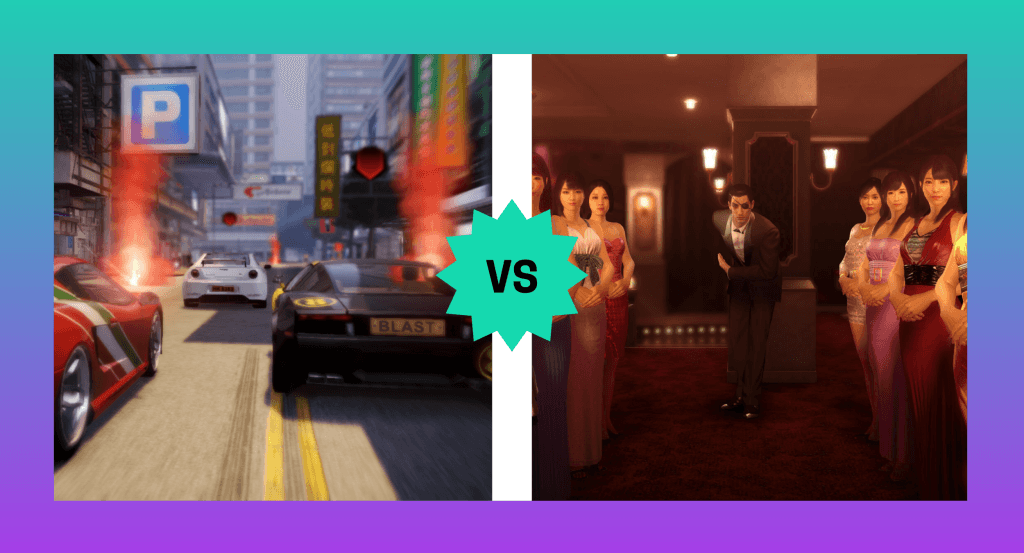 Screenshot comparison between a racing mini-game in Sleeping Dogs: Definitive Edition and the hostess club mini-game in Yakuza 0