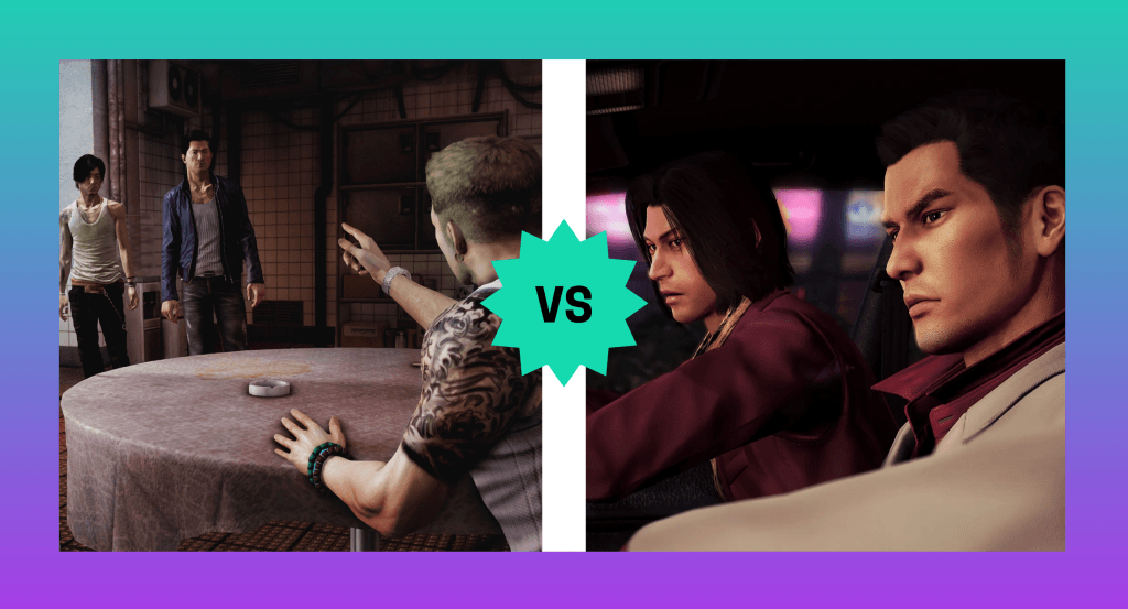 Screenshot comparison between a cutscene in Sleeping Dogs (2012) and a cutscene in Yakuza 0 (2016)