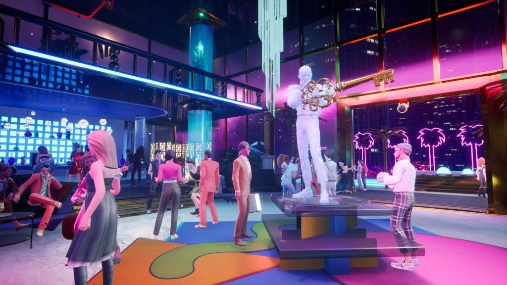 Snap & Grab Episode 1 Review (The Penthouse) - view of the interior of a neon-lit penthouse, with several people chatting at a party and a giant sculpture holding an ornate golden key