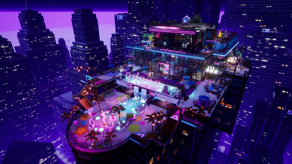 Snap & Grab Episode 1 Review (The Penthouse) - aerial view of a lavish, neon-colored penthouse in the middle of a bunch of city skyscrapers at night