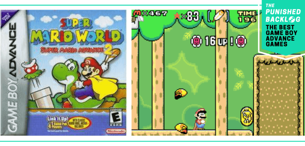 A teal banner in the corner shows the logo for The Punished Backlog and a subtitle that reads "The Best Game Boy Advance Games." The image shows the cover for Super Mario World : Super Mario Advance 2 and a screenshot of gameplay.