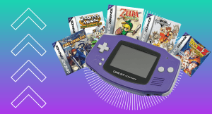 A graphic for our list of the Best Game Boy Advance Games of all time on top of a teal and purple background with white arrows. A purple Game Boy Advance is shown in front of five games in a list that covers Dragon Ball Z: The Legacy of Goku, Final Fantasy I & II: Dawn of Souls, Final Fantasy Tactics Advance, Fire Emblem, Harvest Moon: Friends of Mineral Town, Kingdom Hearts: Chain of Memories, Kirby: Nightmare in Dream Land, The Legend of Zelda: The Minish Cap, Mega Man Zero, Metroid Fusion, Metroid: Zero Mission, Pokémon Emerald, Pokémon FireRed/LeafGreen, Super Mario Advance 2: Super Mario World.