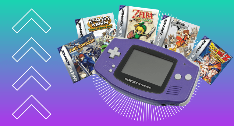 A graphic for our list of the Best Game Boy Advance Games of all time on top of a teal and purple background with white arrows. A purple Game Boy Advance is shown in front of five games in a list that covers Dragon Ball Z: The Legacy of Goku, Final Fantasy I & II: Dawn of Souls, Final Fantasy Tactics Advance, Fire Emblem, Harvest Moon: Friends of Mineral Town, Kingdom Hearts: Chain of Memories, Kirby: Nightmare in Dream Land, The Legend of Zelda: The Minish Cap, Mega Man Zero, Metroid Fusion, Metroid: Zero Mission, Pokémon Emerald, Pokémon FireRed/LeafGreen, Super Mario Advance 2: Super Mario World.