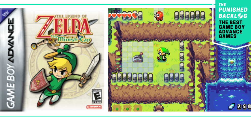 A teal banner in the corner shows the logo for The Punished Backlog and a subtitle that reads "The Best Game Boy Advance Games." The image shows the cover for The Legend of Zelda: The Minish Cap and a screenshot of gameplay.