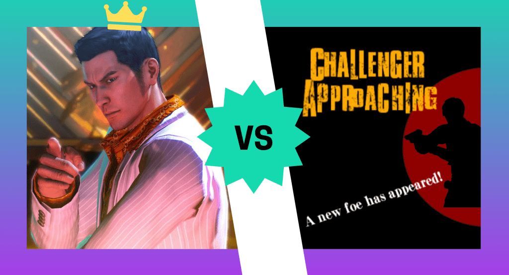 Screenshot comparison showing the newly crowned Kiryu from Yakuza 0 going head-to-head against a new Backlog Brawl challenger, still TBA