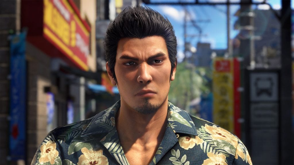 Yakuza Kiwami 3 - Kiryu wearing a Hawaiian shirt and staring to the side