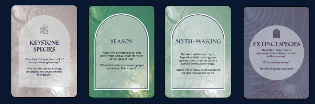 A screenshot of four different cards from the Assemblage TTRPG: Keystone Species, Season, Myth-Making, and Extinct Species, featured in an Assemblage TTRPG review.