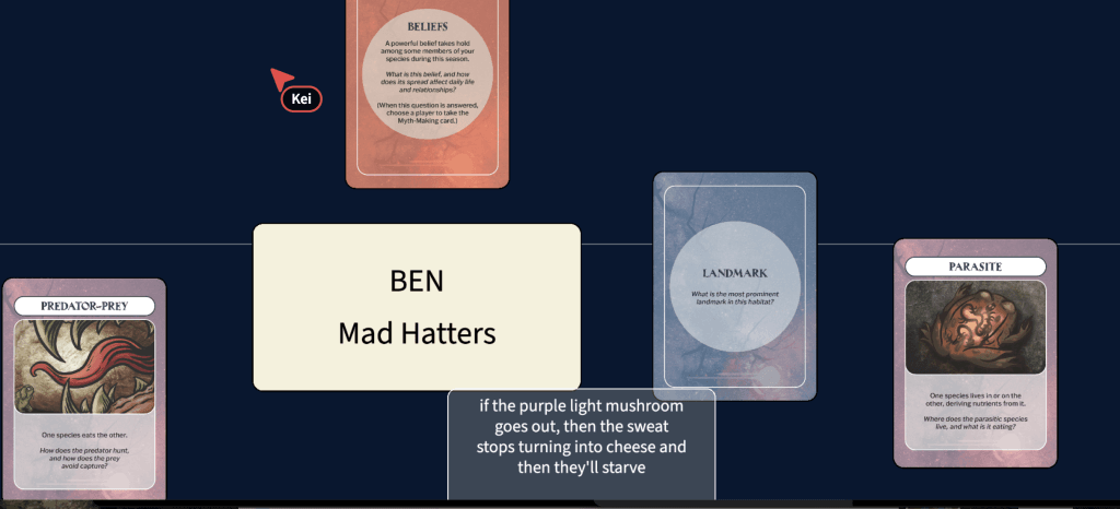 A screenshot of a virtual playthrough of the Assemblage TTRPG that shows different cards like Parasite and Beliefs, featured in an Assemblage TTRPG review.