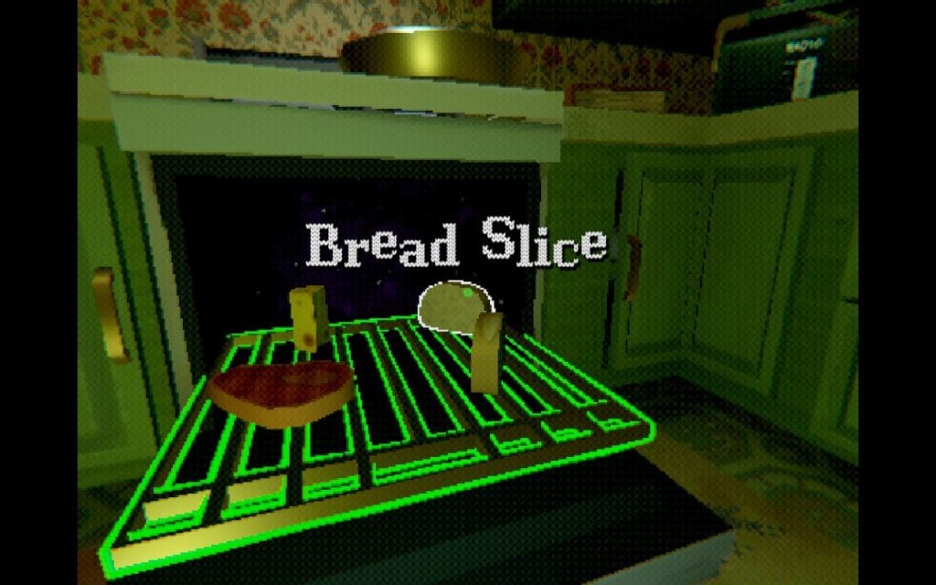 A screenshot of the indie video game Creature Kitchen showing four ingredients in an open oven with space inside of it. A piece called "bread slice" is highlighted. Featured in a Creature Kitchen review.