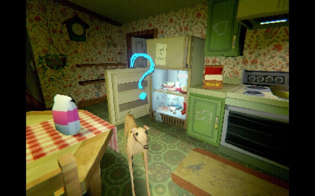 A screenshot of the indie video game Creature Kitchen showing a strange dog-like creature with a question mark over its head in an old-fashioned kitchen. Featured in a Creature Kitchen review.