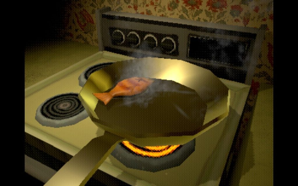 A screenshot of the indie video game Creature Kitchen showing a fry pan with a fish in it as part of a cooking game. Featured in a Creature Kitchen review.